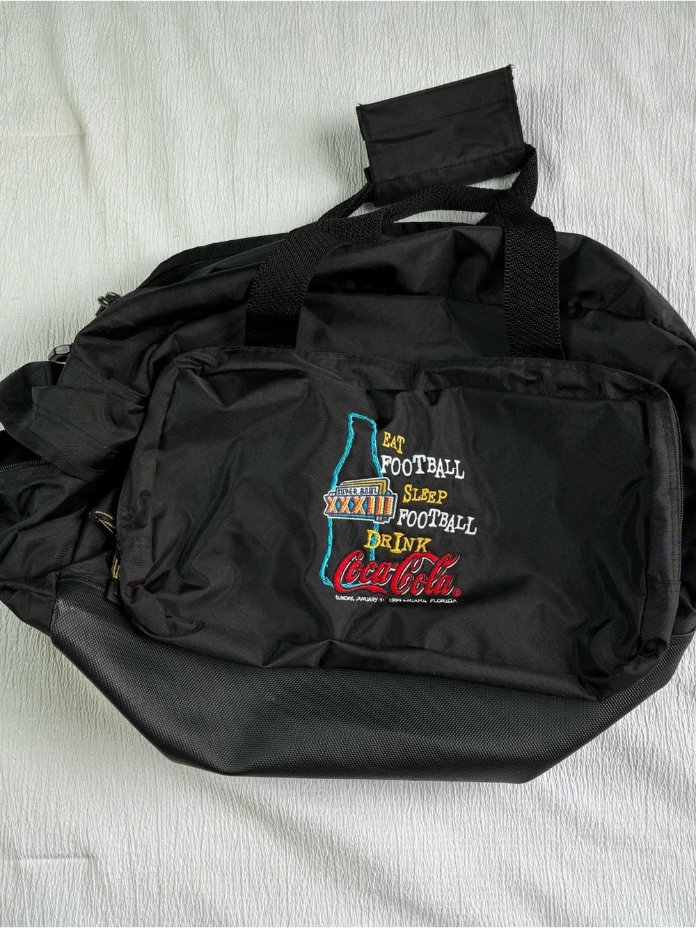 Vintage Super Bowl XXXIII x Coca-Cola Black Duffel Bag 1999 Miami Florida Bronco